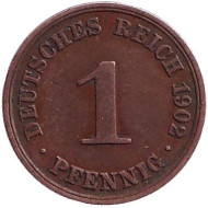 Монета 1 пфенниг. 1902 год (A), Германская империя. Монета 1 пфенниг. 1902 год (A), Германская империя.