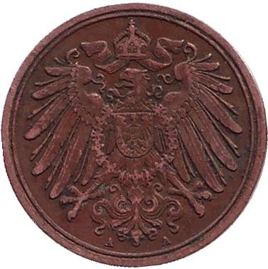 Монета 1 пфенниг. 1902 год (A), Германская империя. Монета 1 пфенниг. 1902 год (A), Германская империя.