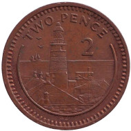 Монета 2 пенса. 1988 год, Гибралтар. Маяк. (AA). Монета 2 пенса. 1988 год, Гибралтар. Маяк. (AA).