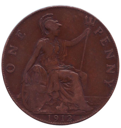 Монета 1 пенни. 1912 год, Великобритания. (Без отметки монетного двора)