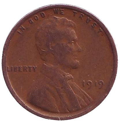 Монета 1 цент. 1919 год, США. (Без отметки монетного двора). Линкольн.
