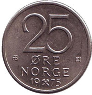 Монета 25 эре. 1975 год, Норвегия.