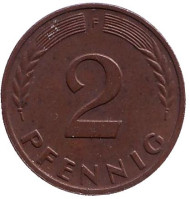 Монета 2 пфеннига. 1964 год (F), ФРГ. Дубовые листья. Монета 2 пфеннига. 1964 год (F), ФРГ. Дубовые листья.