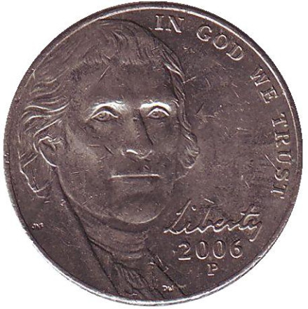 Монета 5 центов. 2006 год (P), США. Из обращения. Джефферсон. Монтичелло.