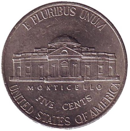Монета 5 центов. 2006 год (P), США. Из обращения. Джефферсон. Монтичелло.