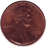 Монета 1 цент. 1992 год (D), США. Линкольн. Монета 1 цент. 1992 год (D), США. Линкольн.