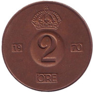 Монета 2 эре. 1970 год, Швеция. Монета 2 эре. 1970 год, Швеция.