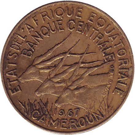 Монета 5 франков. 1967 год, Камерун. Африканские антилопы.
