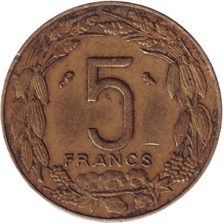 Монета 5 франков. 1967 год, Камерун.