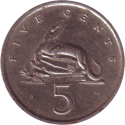 Монета 5 центов. 1987 год, Ямайка. Острорылый крокодил.