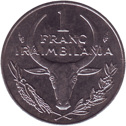Монета 1 франк. 1993 год, Мадагаскар. Буйвол. Пуансеттия.
