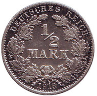 Монета 1/2 марки. 1918 год (J), Германская империя. Монета 1/2 марки. 1918 год (J), Германская империя.