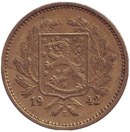 Монета 5 марок. 1942 год, Финляндия.