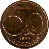 Монета 50 грошей. 1999 год, Австрия. Монета 50 грошей. 1999 год, Австрия.