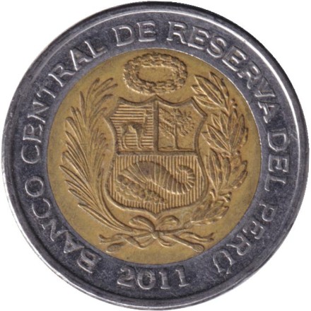 Монета 2 новых соля. 2011 года, Перу. Рисунки пустыни Наска. Колибри.