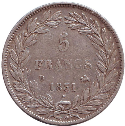 Монета 5 франков. 1831 год (B), Франция. Луи-Филипп I.