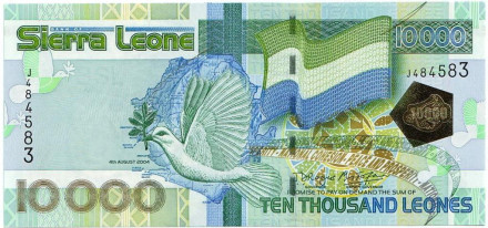 Банкнота 10000 леоне. 2004 год, Сьерра-Леоне. Голубь мира. Хлопковое дерево.