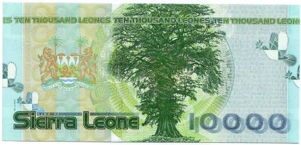 Банкнота 10000 леоне. 2004 год, Сьерра-Леоне. Голубь мира. Хлопковое дерево. Банкнота 10000 леоне. 2004 год, Сьерра-Леоне. Голубь мира. Хлопковое дерево.