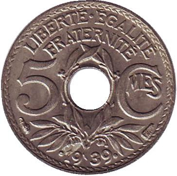 Монета 5 сантимов. 1939 год, Франция.