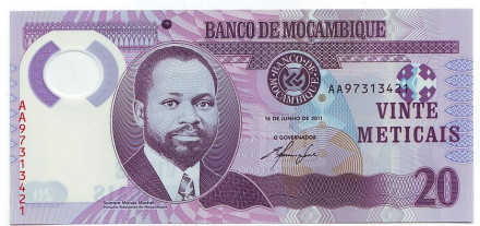 Банкнота 20 метиакалов. 2011 год, Мозамбик. Самора Мойзеш Машел. Носорог.