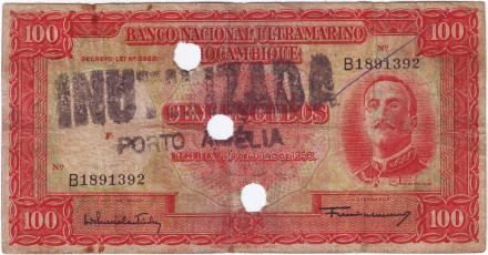 Банкнота 100 эскудо. 1958 год, Мозамбик. (Гашение).