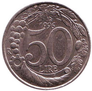 Монета 50 лир. 1996 год, Италия. Монета 50 лир. 1996 год, Италия.