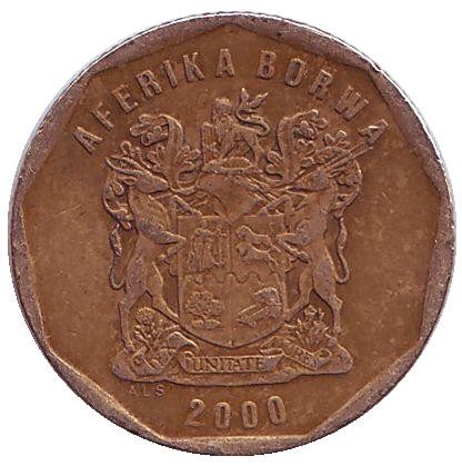 Монета 20 центов. 2000 год, ЮАР. (Старый тип) Цветок протея. Монета 20 центов. 2000 год, ЮАР. (Старый тип) Цветок протея.