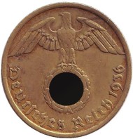 Монета 10 рейхспфеннигов. 1936 год, Германия (Третий Рейх). (A). Монета 10 рейхспфеннигов. 1936 год, Германия (Третий Рейх). (A).