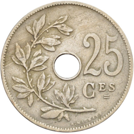 Монета 25 сантимов. 1909 год, Бельгия. (Belgique)