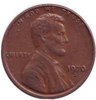 Линкольн. Монета 1 цент. 1970 год (S), США.