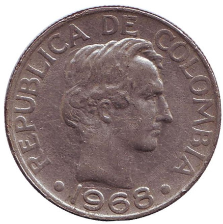 Монета 50 сентаво. 1968 год, Колумбия. Симон Боливар. Монета 50 сентаво. 1968 год, Колумбия. Симон Боливар.
