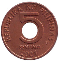 Монета 5 сентимо. 2001 год, Филиппины. Монета 5 сентимо. 2001 год, Филиппины.