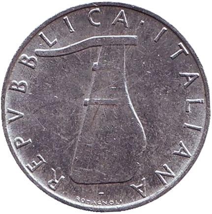 Монета 5 лир. 1972 год, Италия. Дельфин. Судовой руль. Монета 5 лир. 1972 год, Италия. Дельфин. Судовой руль.