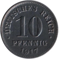 Монета 10 пфеннигов. 1917 (А) год, Германская империя. Магнитная. Монета 10 пфеннигов. 1917 (А) год, Германская империя. Магнитная.