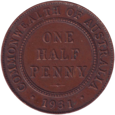 Монета 1/2 пенни. 1931 год. Австралия. Редкая!