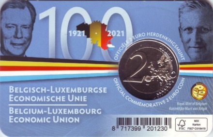 Монета 2 евро. 2021 год, Бельгия. (Надпись: Belgique). 100 лет Бельгийско-Люксембургскому экономическому союзу. Монета 2 евро. 2021 год, Бельгия. (Надпись: Belgique). 100 лет Бельгийско-Люксембургскому экономическому союзу.
