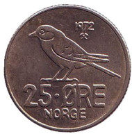 Монета 25 эре. 1972 год, Норвегия. Птица. Монета 25 эре. 1972 год, Норвегия. Птица.