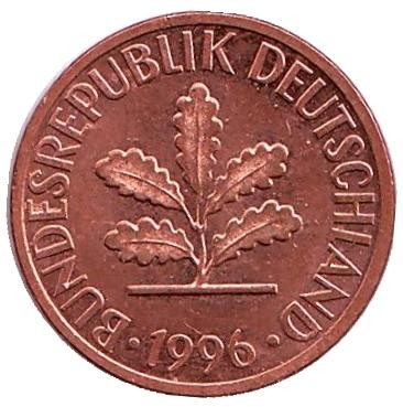 Монета 1 пфенниг. 1996 год (G), ФРГ. Дубовые листья.