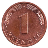 Монета 1 пфенниг. 1996 год (G), ФРГ. Дубовые листья. Монета 1 пфенниг. 1996 год (G), ФРГ. Дубовые листья.