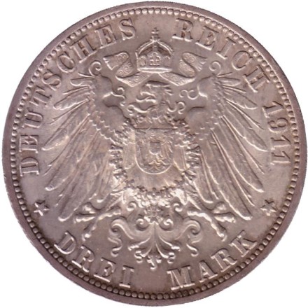 Монета 3 марки. 1911 год. Германская империя, Вюртемберг. 25 лет свадьбе Вильгельма II и Шарлотты. Монета 3 марки. 1911 год. Германская империя, Вюртемберг. 25 лет свадьбе Вильгельма II и Шарлотты.