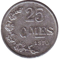 Монета 25 сантимов. 1970 год, Люксембург.  Монета 25 сантимов. 1970 год, Люксембург.