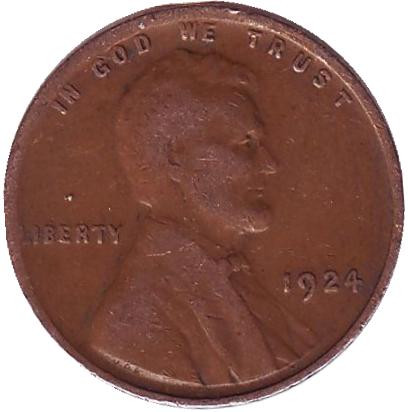Монета 1 цент. 1924 год, США. (Без отметки монетного двора) Линкольн.