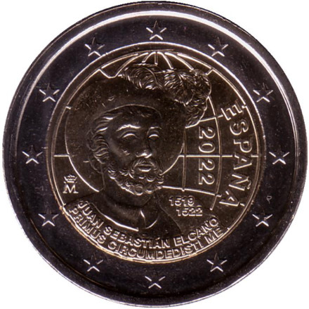 Монета 2 евро. 2022 год, Испания. 500 лет первому кругосветному путешествию. Хуан Себастьян Элькано.