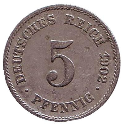 Монета 5 пфеннигов. 1902 год (E), Германская империя.