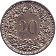 Монета 20 раппенов. 1953 год, Швейцария. Монета 20 раппенов. 1953 год, Швейцария.
