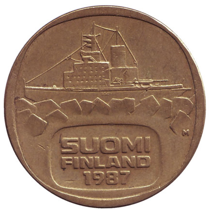 Монета 5 марок, 1987 год (M), Финляндия. Ледокол Урхо.