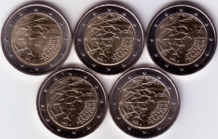 Набор из 5 монет разных монетных дворов. 2 евро. 2022 год, Германия. 35 лет программе Эразмус.