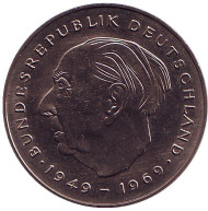 Монета 2 марки. 1981 год (G), ФРГ. Теодор Хойс. Монета 2 марки. 1981 год (G), ФРГ. Теодор Хойс.