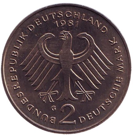Монета 2 марки. 1981 год (G), ФРГ. Теодор Хойс. Монета 2 марки. 1981 год (G), ФРГ. Теодор Хойс.