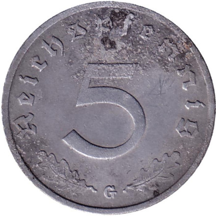 Монета 5 рейхспфеннигов. 1940 год (G), Третий Рейх (Германия).